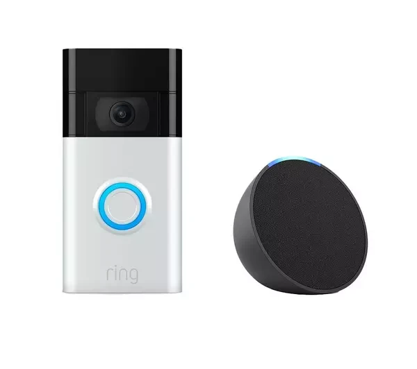 AMAZON Echo Pop (1st Gen) Smart Speaker & Ring Video Doorbell (2nd Gen, Satin Nickel) Bundle